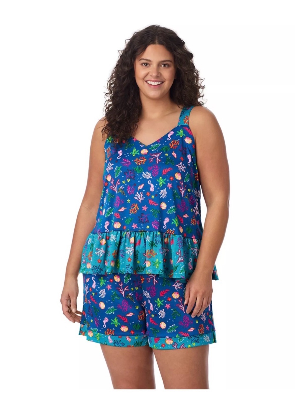 Cuddl Duds Blue Sealife Print Tank Top & Sleeveless Shorts Pajama Set, XL.